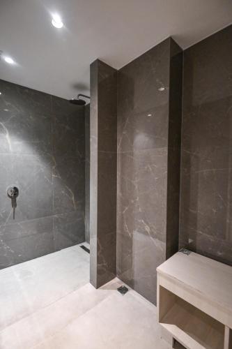 a bathroom with a shower with black walls at Hotel Denver Mar del Plata in Mar del Plata