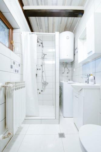 a white bathroom with a shower and a toilet at Edison,Plitvice Lakes in Jezerce