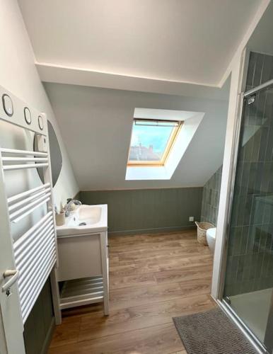 une salle de bain avec un lavabo et une douche dans l'établissement L Émeraude, à Beauvais