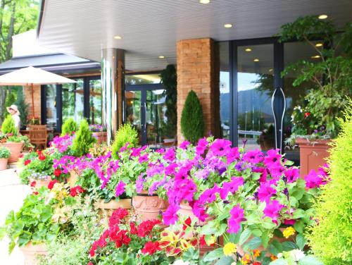 a bunch of flowers in pots in front of a building at Hotel Hakuba in Hakuba