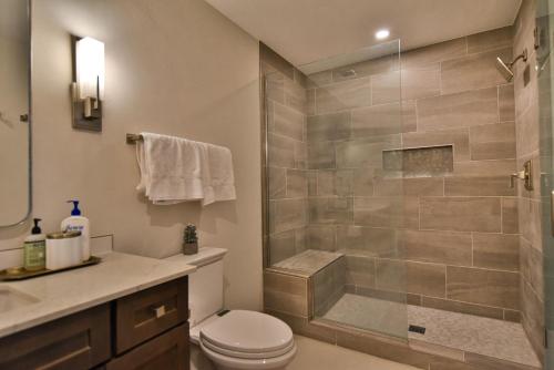 a bathroom with a shower and a toilet and a sink at Skywalk Flats Amphitheater Retreat: Downtown, Hot Tubs in Silverthorne