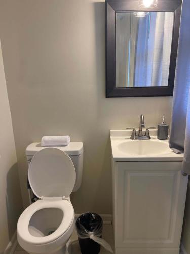 a bathroom with a white toilet and a sink at Brick Point Place- 10 Min N of UAH in Huntsville