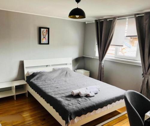 a bedroom with a bed with a stuffed animal on it at Appartement typique Gare Lille Flandre centre ville in Lille