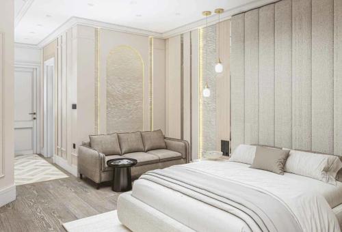Un dormitorio con una cama grande y un sofá. en Heaven Luxury Suites, en Belgrado