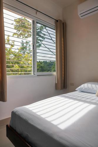 a bedroom with a bed and a large window at Apartamento 22 in Bacalar