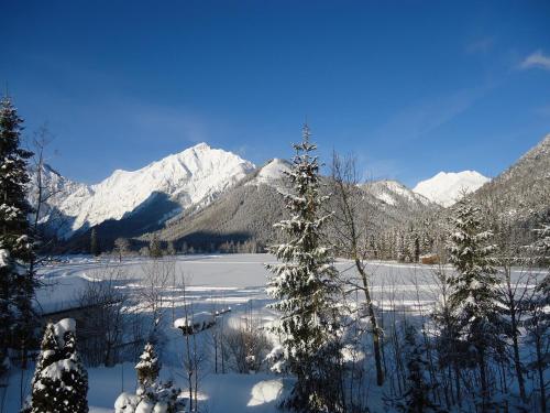 a snow covered mountain range with a river and trees at Landhaus Achental in Pertisau