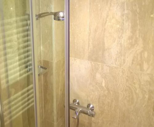 a shower stall with a glass door with a shower constructorangering at Parkview Apartments in Sofia
