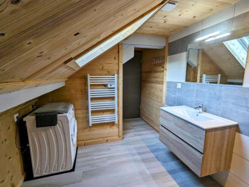 - une salle de bains mansardée avec lavabo dans l'établissement Appartement 42m² cosy avec parking, WiFi, proche pistes, La Bresse - FR-1-589-684, à La Bresse