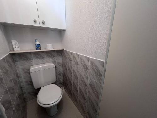 Elle comprend une petite salle de bains pourvue de toilettes et d'une armoire. dans l'établissement Confort familial à Cauterets, 4 pers., calme et bien situé - FR-1-812-75, à Cauterets
