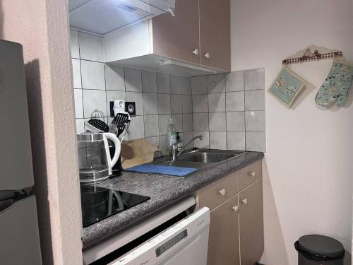 une petite cuisine avec un évier et une cuisinière dans l'établissement Studio Centre Cauterets avec Parking et Vue Montagne - FR-1-812-8, à Cauterets