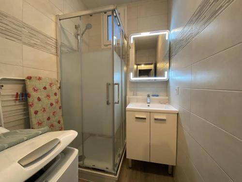 une salle de bain avec une douche, un lavabo et un miroir dans l'établissement Charmant T2 Cabine au centre de Cauterets, parking et local à ski - FR-1-812-91, à Cauterets