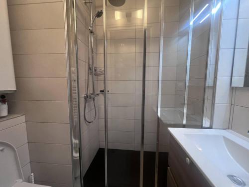 une salle de bain avec une douche, un lavabo et des toilettes dans l'établissement Studio chaleureux près télécabines à Cauterets - FR-1-812-9, à Cauterets