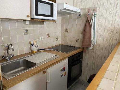 a small kitchen with a sink and a microwave at Charmant Appartement à Cauterets - Confort et Accueil Chaleureux - FR-1-812-101 in Cauterets