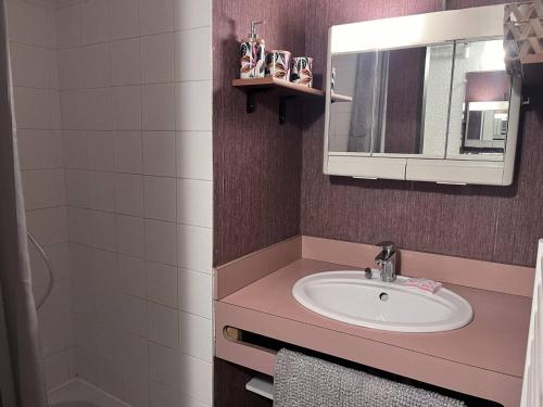 une salle de bain avec un lavabo et un miroir dans l'établissement Studio centre-ville proche télécabines, accès skis - FR-1-812-28, à Cauterets