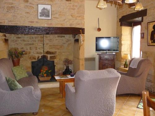 d'un salon avec des chaises, une télévision et une cheminée. dans l'établissement Maison à Proissans: Confort, Cour Close, Près de Sarlat - FR-1-616-390, à Proissans