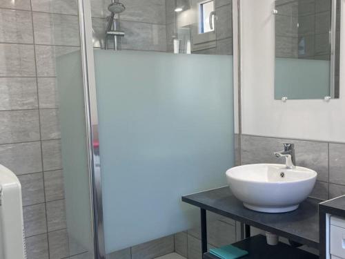 une salle de bain avec un lavabo et une douche dans l'établissement Charmante maison en campagne avec garage et vélos, proche Dordogne et sites touristiques - FR-1-616-409, à Tayac