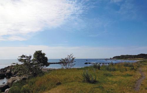 a beach with a pier in the water at Cozy Home In Skillinge in Skillinge