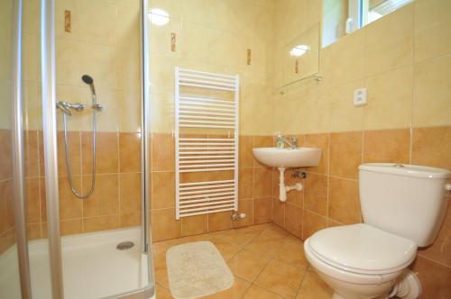a bathroom with a toilet and a sink and a shower at Ubytovanie Bičár in Batizovce