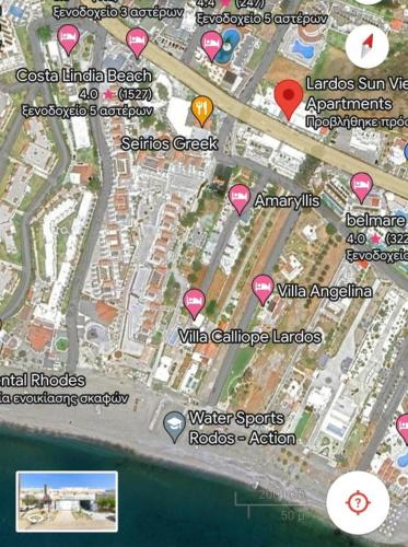 a map of a city with lots of red dots at Lardos Sun View Apartments in Lardos