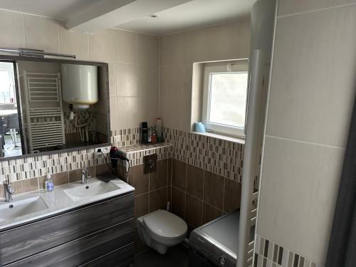 a bathroom with a sink and a toilet and a mirror at Petite maison climatisée in Bonneuil-sur-Marne