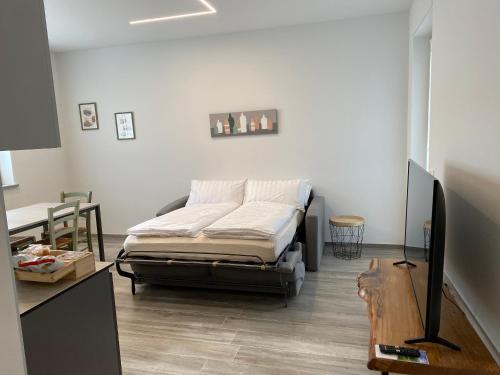 a bedroom with a bed and a desk with a tv at Ca’ del Riccio verde in Bra