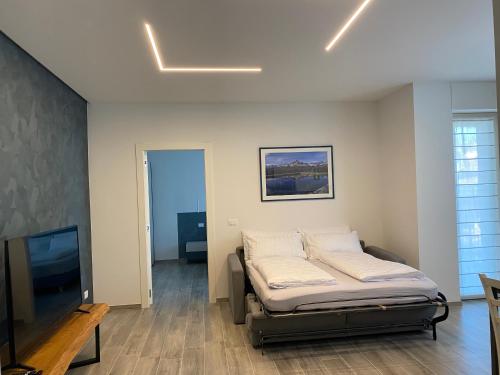 a bedroom with a bed and a flat screen tv at Ca’ del Riccio Blu in Bra
