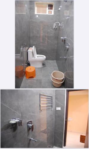 two pictures of a bathroom with a toilet and a sink at Nest Inn Homestay in Tirupati