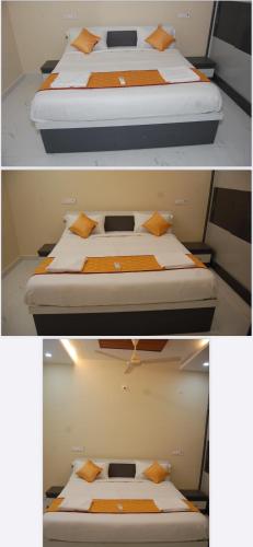 two pictures of two beds in a room at Nest Inn Homestay in Tirupati
