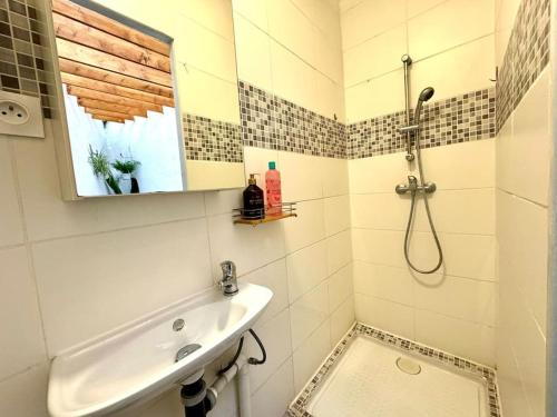 une salle de bain avec un lavabo et une douche avec un miroir dans l'établissement Maison Entre Pont et Cathédrale, à Béziers