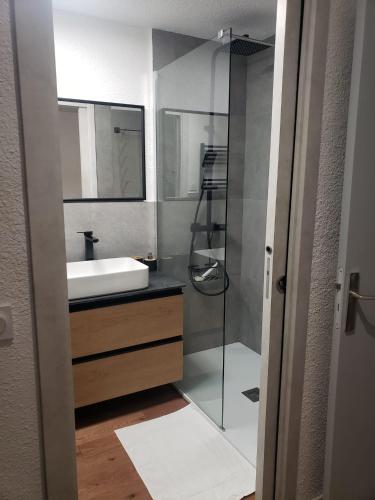 une salle de bain avec un lavabo et une douche en verre dans l'établissement Apartamento en les Deux Alpes, à Les Deux Alpes