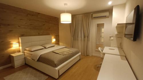 a bedroom with a bed and a television in it at Dalmatian Stone House Angela in Drniš