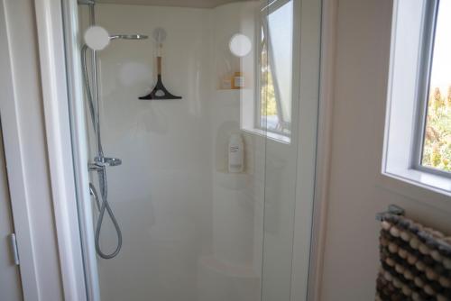 a shower in a bathroom with a glass door at Beach Front Wine makers cottage in Te Awanga