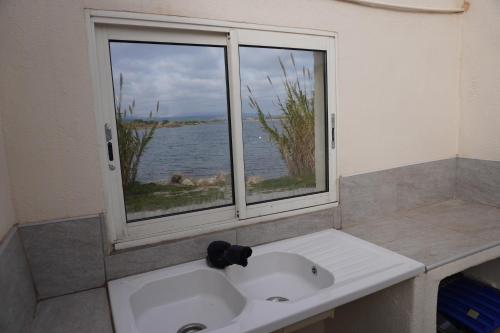 une salle de bain avec un lavabo et une fenêtre dans l'établissement La Casote du Pêcheur Bord d'étang 9 Personnes Clim, au Barcarès