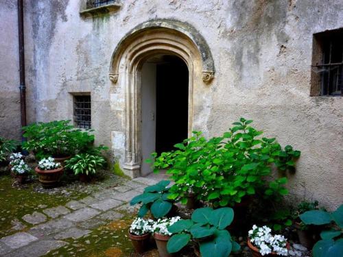 un accès à un bâtiment avec des pots de plantes dans l'établissement Château d'Esparron, à Esparron-de-Verdon