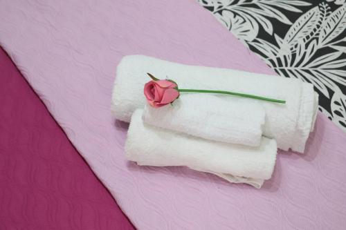 róża siedząca na stercie ręczników w obiekcie The Maze Vibo B&B w mieście Vibo Valentia
