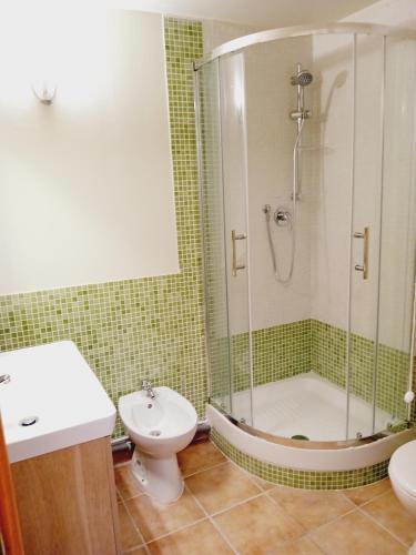 une salle de bain avec une douche, des toilettes et un lavabo dans l'établissement Terrasses D 306 PARC NAT VANOISE appart 6 pers, à Val Cenis