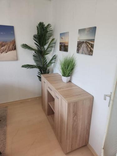 a room with a table with two plants on it at Monteurwohnung Marl Brassert - 1OGM in Marl