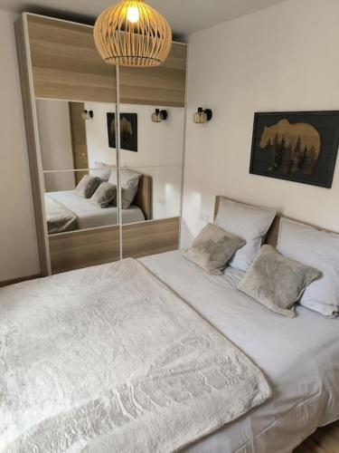 une chambre avec deux lits et un grand miroir dans l'établissement Sublime 3 p au centre-ville, à Saint-Martin-Vésubie