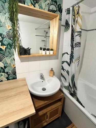 une salle de bain avec un lavabo et un miroir dans l'établissement Chic & Spacieux-Paris à porte-Au pied du Métro 14, à Saint-Ouen