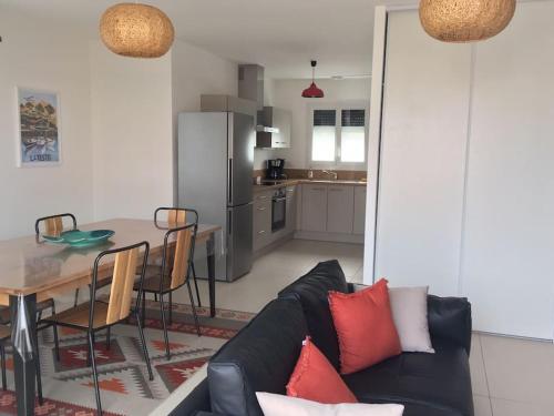 un salon avec un canapé noir et une table dans l'établissement Bassin Arcachon Appt recent4 couchages petit jardin, à La Teste-de-Buch