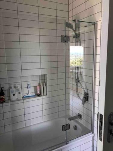 a bathroom with a glass shower with a tub at Views for day's in Lyall Bay in Wellington