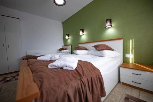 drei Betten in einem Zimmer mit grüner Wand in der Unterkunft Casa Sofia Avrig in Avrig