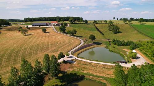 an aerial view of a farm with a pond at Chambre double Zen in Ferrières-la-Verrerie