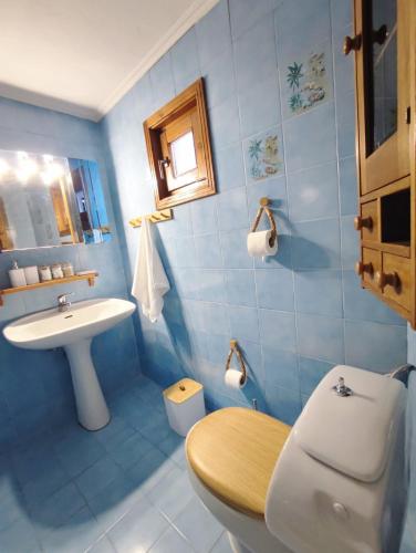 a blue bathroom with a toilet and a sink at CasaMamma in Drama