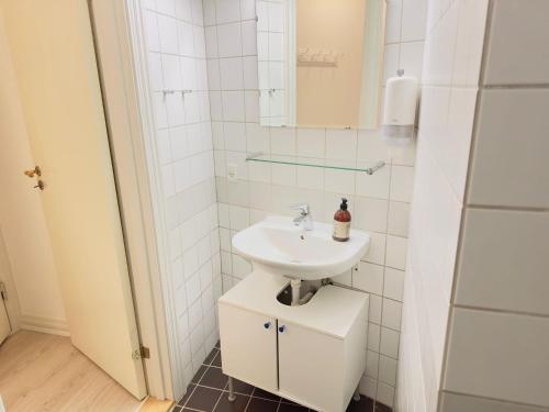 オールボーにあるaday - Central Charming 2 bedrooms Apartmentの洗面台と鏡のあるバスルーム