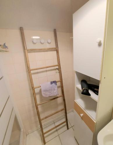 - une échelle dans une petite salle de bains pourvue de toilettes dans l'établissement soleil catalan 50m2 , 2km mer jardin wifi parking 2ch 4pers chéque vacance, à Elne
