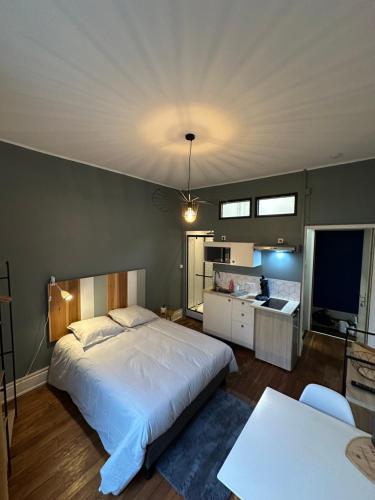 une chambre avec un grand lit et une cuisine dans l'établissement Émeraude 3, à Vichy