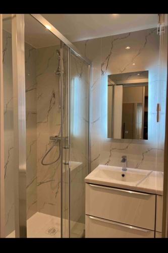une salle de bain avec une douche en verre et un lavabo dans l'établissement Studio Lumineux à 2min de là plage, à Nice