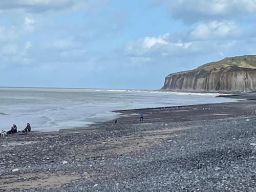 un groupe de personnes assises sur une plage rocheuse dans l'établissement Maison Coco Quiberville sur Mer-groundfloor, à Quiberville