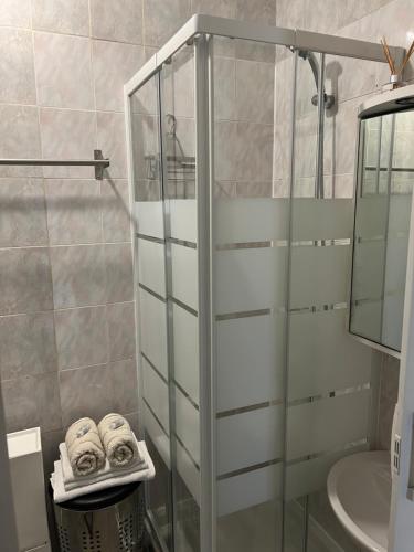 La salle de bains est pourvue d'une cabine de douche en verre et d'un lavabo. dans l'établissement Appartement T2 cosy et lumineux au cœur de Paris12, à Paris